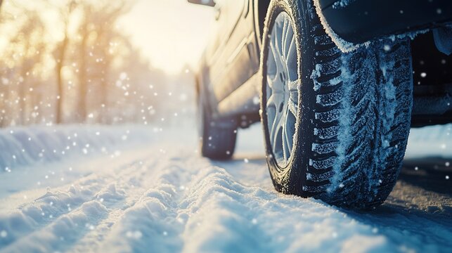 Car driving on a snowy road with winter tires and snowflakes falling at sunrise - Powered by Adobe