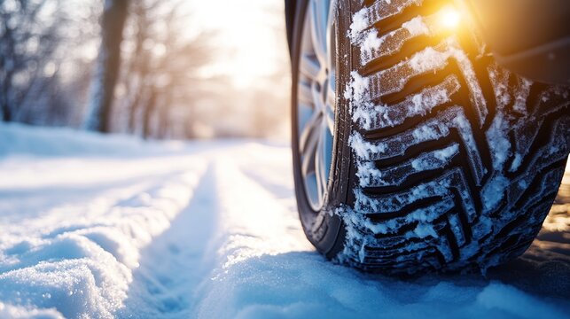 Car driving on a snowy road with winter tires and snowflakes falling at sunrise