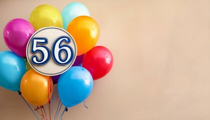 Banner with number 56 colorful balloons with copy space