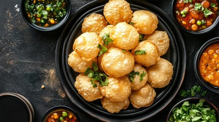 Top view of an elegant platter filled with crispy pani puris, accompanied by bowls of tangy tamarind chutney and spicy water
