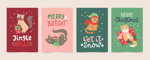 Christmas cards set. Cute funny cats characters with hand drawn lettering. Vector illustration design templates