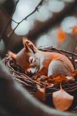 Obraz premium A sleeping squirrel curled up in a nest surrounded by autumn leaves.