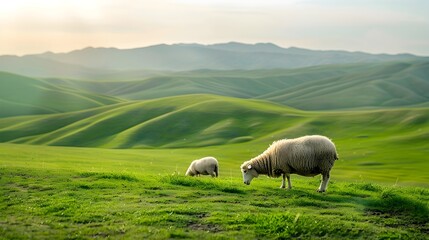Obraz premium Sheep Grazing in Lush Green Pasture with Scenic Rolling Hills in the Background