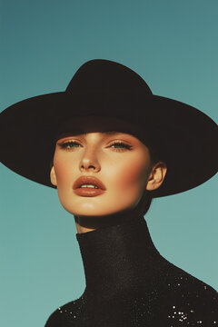 Fashion magazine concept. Portrait of beautiful female model wearing designer clothing, hat and looking at camera on blue background. Haute couture style. Retro, vintage. Outdoor shot