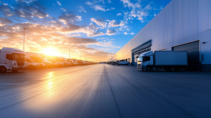 A large, modern warehouse exterior with high-tech facilities, a bustling parking area filled with vehicles, and a vibrant blue sky, representing cargo transportation and service op