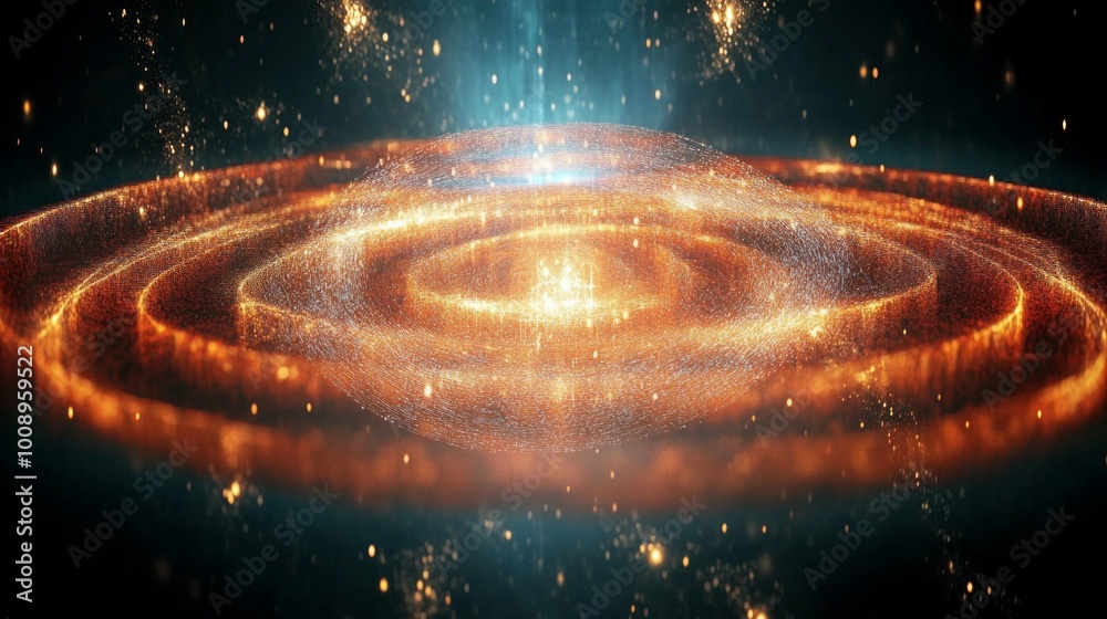 Poster visualizing quantum superposition with vibrant cosmic patterns illustrating fundamental principles o
