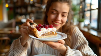 Smiling Woman Savoring a Delectable Slice of Homemade Fruit Pie in a Cozy Diner Setting