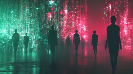 Obraz premium Abstract silhouettes of people merging with glowing digital circuits, symbolizing the fusion of humans and technology, set against a futuristic backdrop