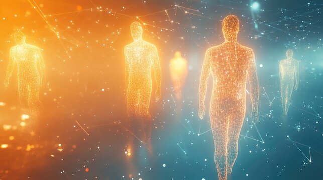 Futuristic abstract people dissolving into networks of glowing data streams, with their bodies seamlessly merging into technology
