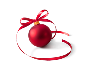Red bauble, christmas ball with a ribbon decoration, isolated on transparent background.
