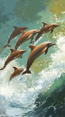 A dynamic scene of dolphins leaping through ocean waves, showcasing their playful nature.