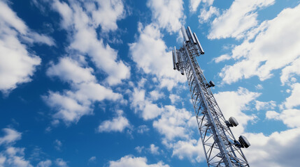 Obraz premium A modern telecommunication tower adorned with multiple 5G radio modules and smart antennas rises against a backdrop of blue sky and white clouds, the metal beams standing in sharp