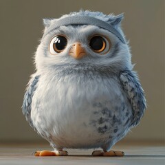 Obraz premium Cute cartoon owl with big eyes, fluffy feathers, and a playful expression, perfect for children's themes and illustrations.