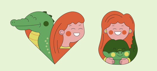 Logos with a girl and an alligator. Caring for animals. The design can be used for animal protection organizations, conservation programs or projects related to the rescue and rehabilitation of animal