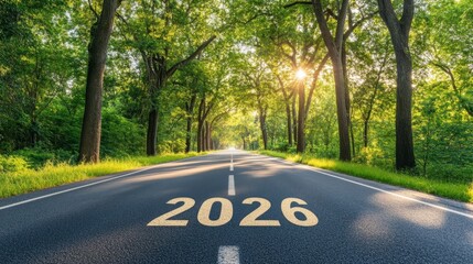 Road Trip To The Future Empty Asphalt Highway Leading To 2026 Through Lush Green Forest