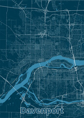 Detailed map of Davenport, Iowa, rendered in a minimalist style. The map is dominated by a deep blue background, with white lines representing streets and roads.