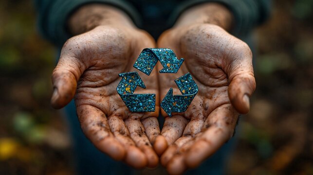 A 3D-printed recycle symbol resting gently in a man palm, evoking thoughts of environmental technology