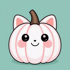 Adorable illustration of a cute, smiling pumpkin cat character with pink cheeks and a whimsical design, perfect for festive decorations and fun art.