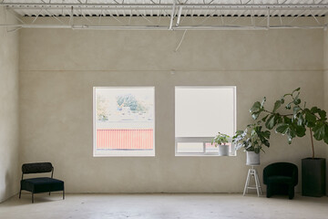 A minimalist room with large windows, neutral-toned walls, natural light, and a serene atmosphere. Features a dark chair in the corner, indoor plants, and an open, uncluttered layout.