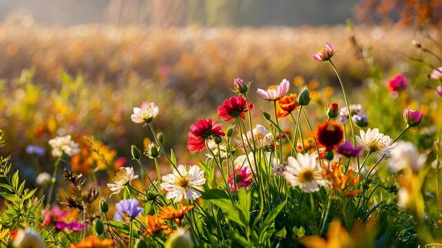A vibrant field of flowers in full bloom, basking in sunlight, showcasing the beauty of nature with serene and colorful visuals