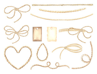 Collection of ropes and tags decor. Set of watercolor hand drawn illustration isolated. Label with place for text and string. Bow from fiber of burlap. Clipart for card, creativity, craft, sticker. © susie_p_art