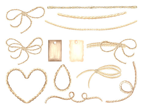 Collection of ropes and tags decor. Set of watercolor hand drawn illustration isolated. Label with place for text and string. Bow from fiber of burlap. Clipart for card, creativity, craft, sticker.