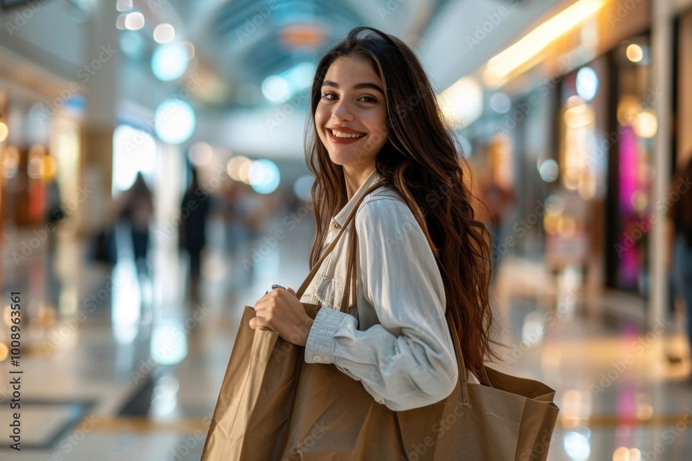 Wall mural Happy latina in shopping mall adult bag shopping bag.