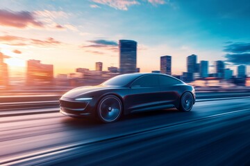 futuristic fast self-driving modern car on evening city roads under cloudy sky