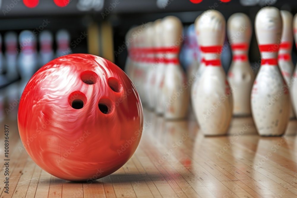 Canvas Prints A bright red bowling ball rests on the surface of a wooden floor, waiting for its next adventure