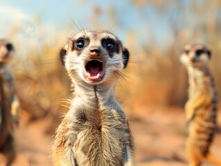Fototapeta premium Startled Meerkat Standing Upright with Wide Open Eyes and Mouth in Desert Setting