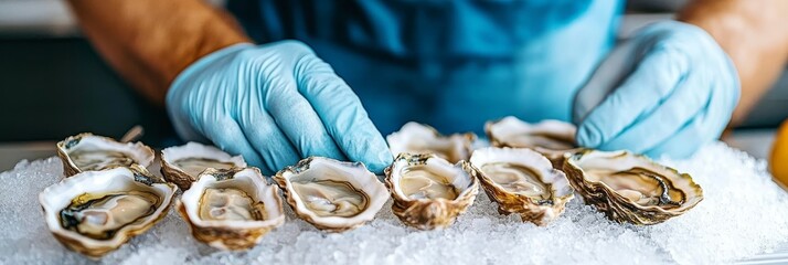 Food Preparation Chef in Blue Gloves Arranging Fresh Oysters on Crushed Ice for Seafood Cuisine