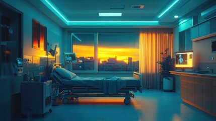 Fototapeta premium A hospital room with a bed, medical equipment, and a window with