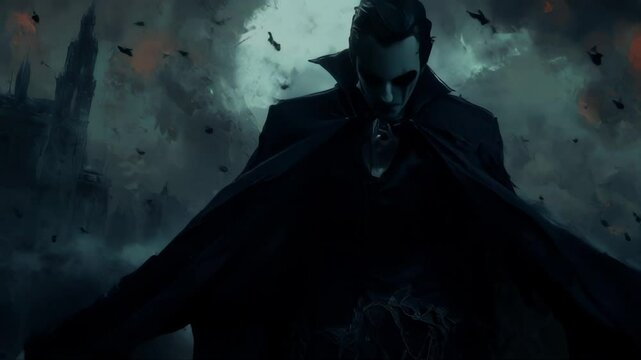A spooky, Halloween-themed image of a man in a vampire costume standing in a ruined city. The moon shines above him as bats fly in the air.. AI Generation