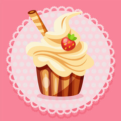 vector image of a cupcake with air cream and strawberries on a pink background
