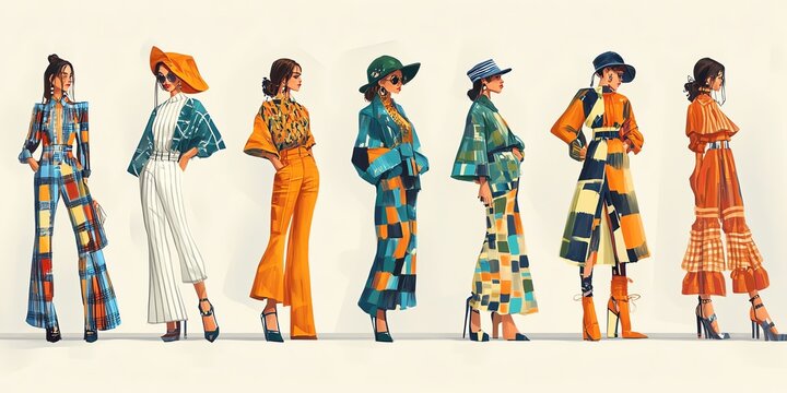 Seven stylish women in different colorful outfits and hats.