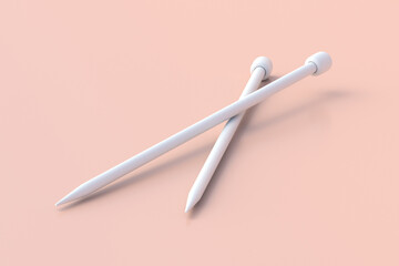 Knitting needles on beige background. Sticks for knit. Needlework tool. Handicraft equipment. 3d render