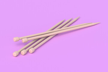 Set of knitting needles on pink background. Sticks for knit. Needlework tool. Handicraft equipment. 3d render