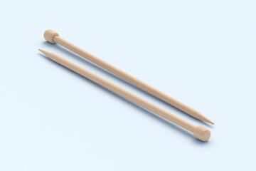 Pair of knitting needles on light gray background. Sticks for knit. Needlework tool. Handicraft equipment. 3d render