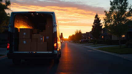 A truck with its open doors on a quiet suburban street reveals a load of packed boxes, hinting at a family's big move, with a soft sunset casting warm light over the scene.