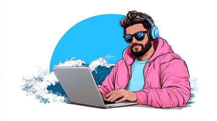 Man Working on Laptop With Headphones and Sunglasses by the Sea