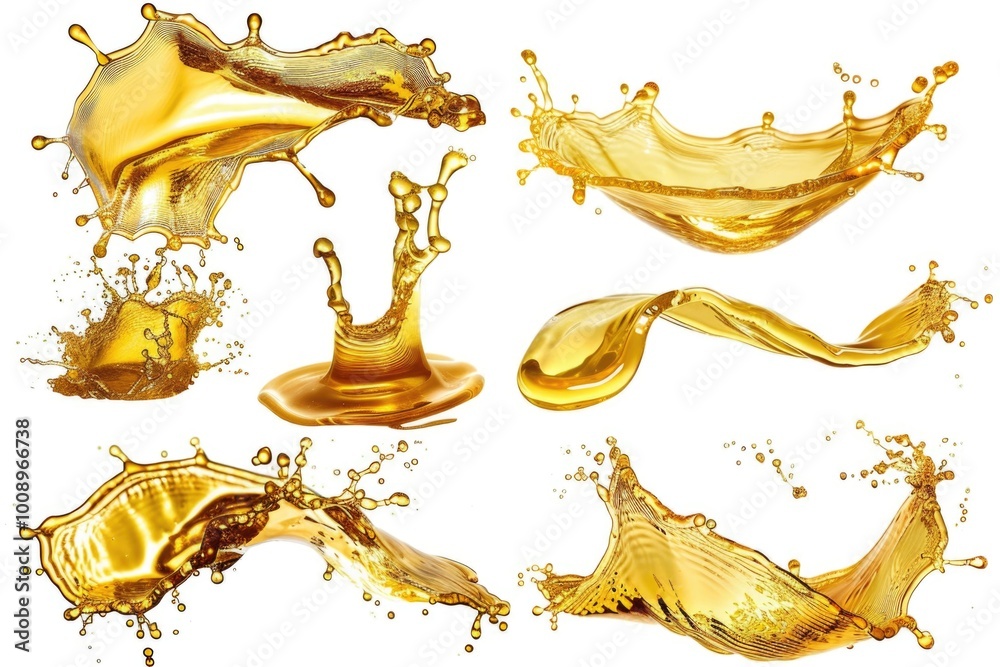 Poster A collection of liquid splashes on a white background, suitable for use in digital designs, presentations, or as a design element