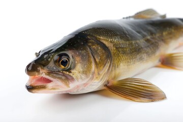 A fish lying down on a white surface