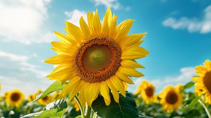 Obraz premium Bright Yellow Sunflower Field with Blue Sky and White Clouds