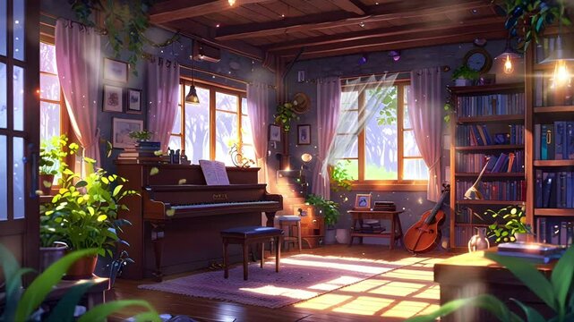 A piano in a music studio. Anime style concept music. Seamless 4K looping timelapse video animation background