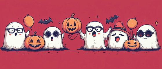 Fototapeta premium Funny ghosts in the sheet costumes on the cherry background. Halloween card or banner template