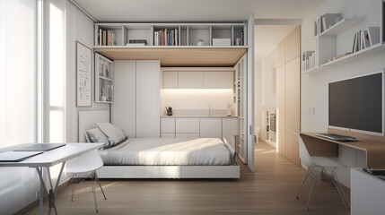 Minimalist studio featuring a bed with built-in storage and a sleek, foldable table for dining or working. Capture the functionality and simplicity of the space, emphasizing the clean, organized layou