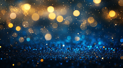 Fototapeta premium Abstrakcyjne tło z mieniącymi się światłami w odcieniach błękitu, złota i czerni tworzy hipnotyzujący efekt wizualny. 