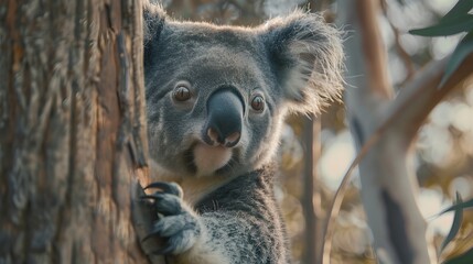 Surprised Koala Gripping Tree Branch in Detailed Australian Forest with Soft Lighting
