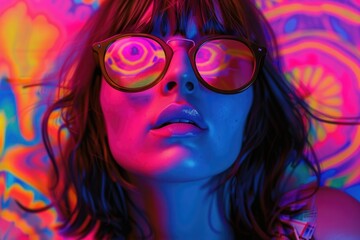 Obraz premium A woman wearing glasses standing against a vibrant, colorful psychedelic background