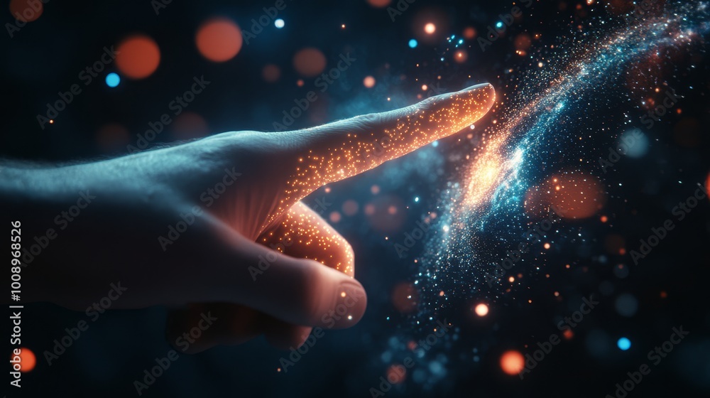 Poster a hand touching a glowing and abstract representation of the cosmos or space filled with stars and e